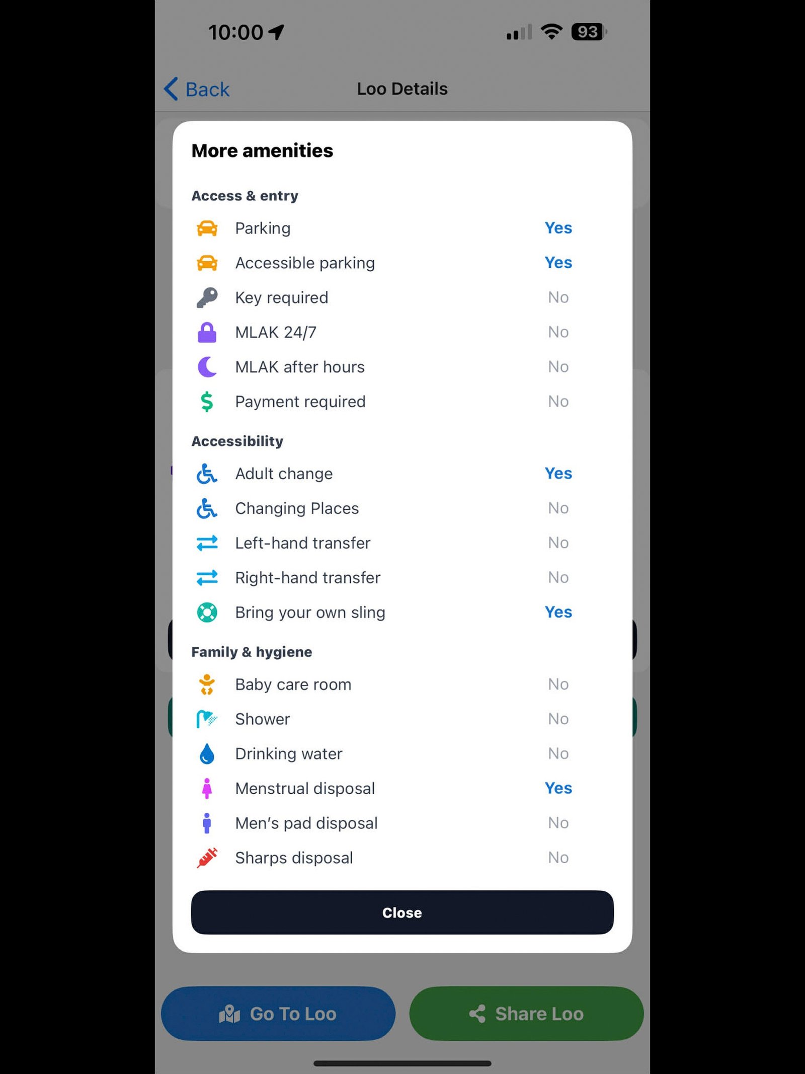 Loocation amenities screen